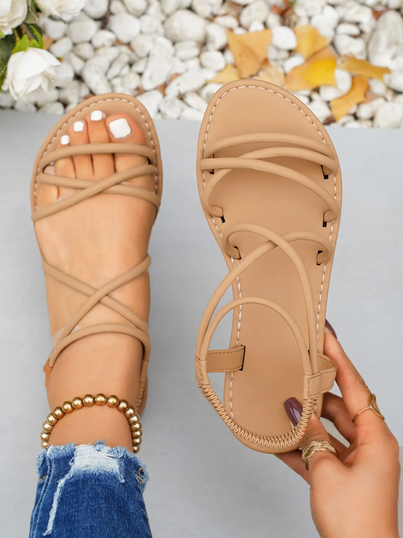 Light Nude Crisscross Open Toe Multi-Layer Strappy Sandals, Elastic Back Strap, Flat Sole, Casual Summer Beach Shoes, Slimming Comfortable Women's Footwear