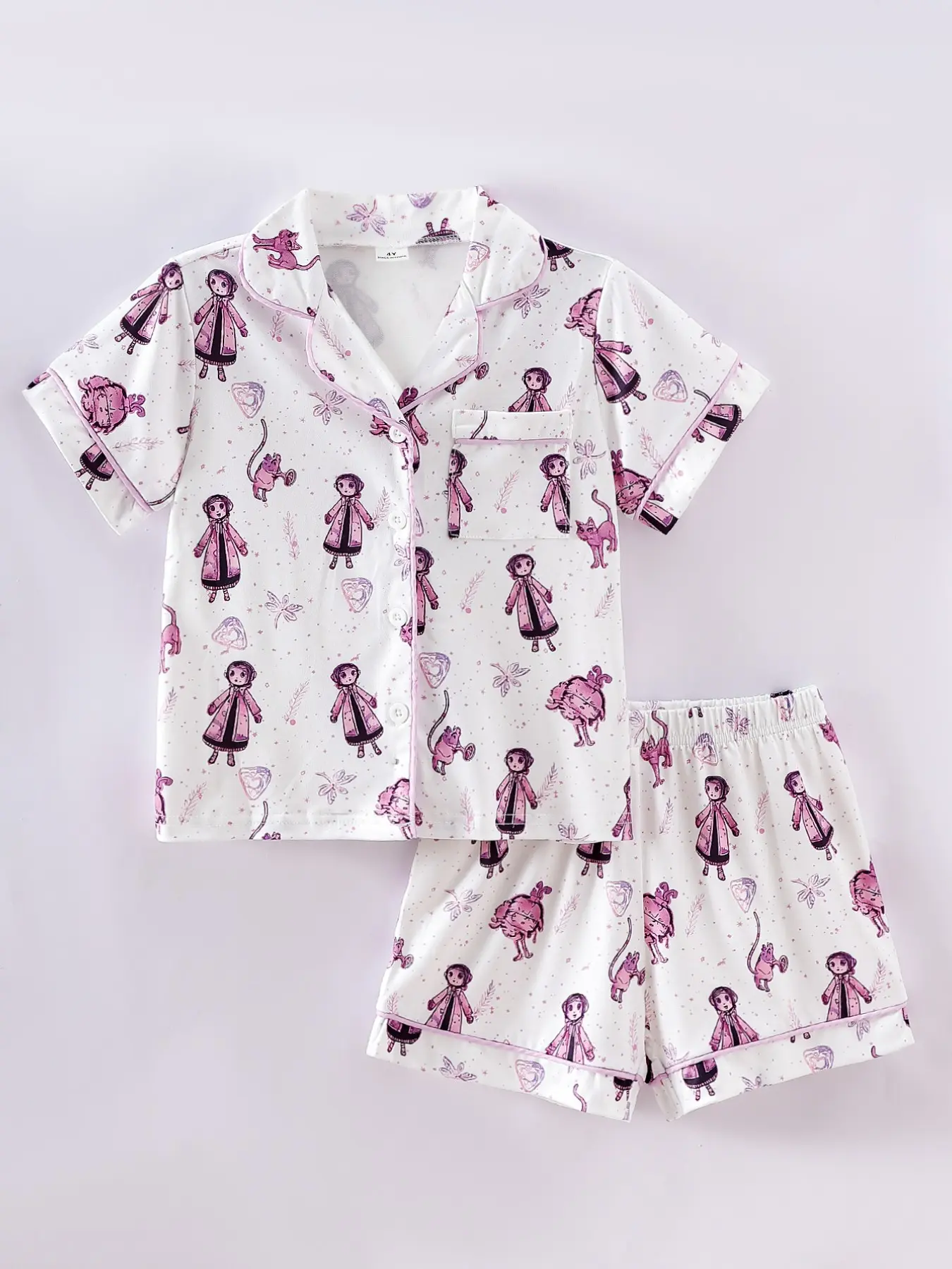 Girls Coraline Print Short Sleeve Button Pajama Set, Cartoon Print Pajama, Comfortable Soft Home Wear, Cute Style, Ideal for Summer, Kids Sleepwear, Summer Pjs