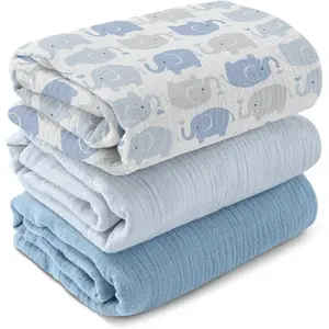 Muslin Swaddle Blankets for Newborn 3-Pack Cotton Receiving Blankets Large 40 x 38 inches Soft Baby Blankets for Boys and Girls Wrap Burp Cloths Registry Essentials Baby Shower Gifts Elephant & Blue