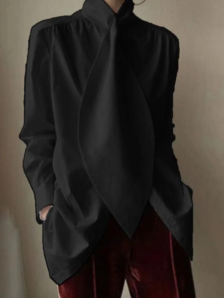 Women's Solid Color Long Sleeve High Neck Shirt, Versatile Large Bow Tie Top, Elegant Ladies Blouse for Any Occasion, Casual Bishop Sleeve