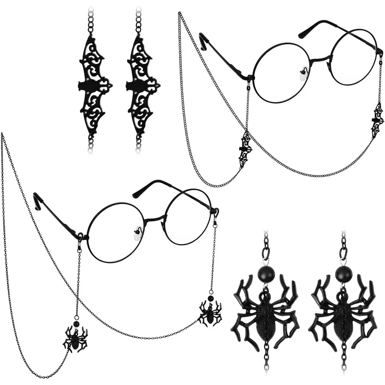 Women's Gothic Glasses Chain with Pendants - 2 Pack 70cm Metallic Halloween Eyewear Chain with Adjustable Strap