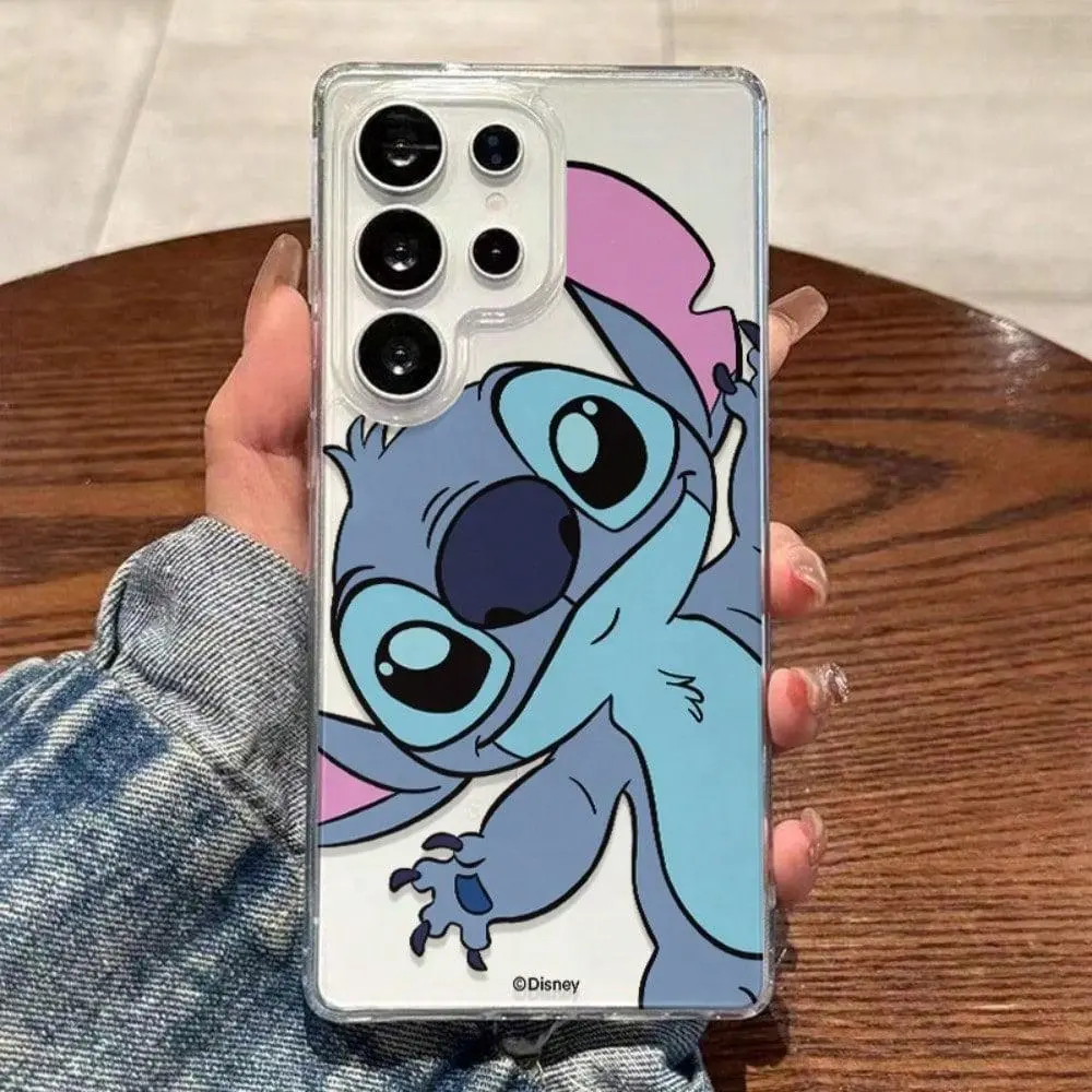 Disney Cute Stitch Cellphone Case - Playful Big-Eye, Pink Ear Design, Transparent Magnetic Shockproof Protection Casing for Samsung S22-S26 Series, S23-S25 FE, A15-A17 Handheld Devices, Cute Phone Accessories