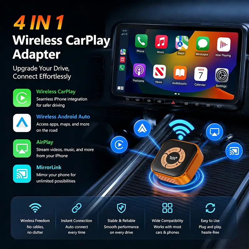 4 in 1 Wireless CarPlay Adapter 5.8G WiFi6 Bluetooth 5.4 Wireless Android Auto AirPlay Miracast Plug & Play Car Play Dongle Stereo with WiFi