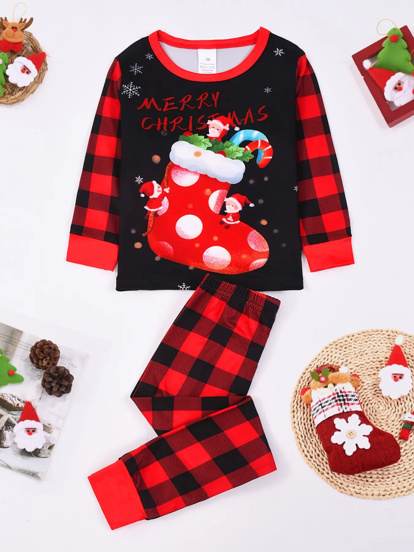 2-Piece Kids Pajama Set, Round Neck Long Sleeve & Pants, Christmas Theme Print, Comfortable Fitted Home Wear, All Seasons