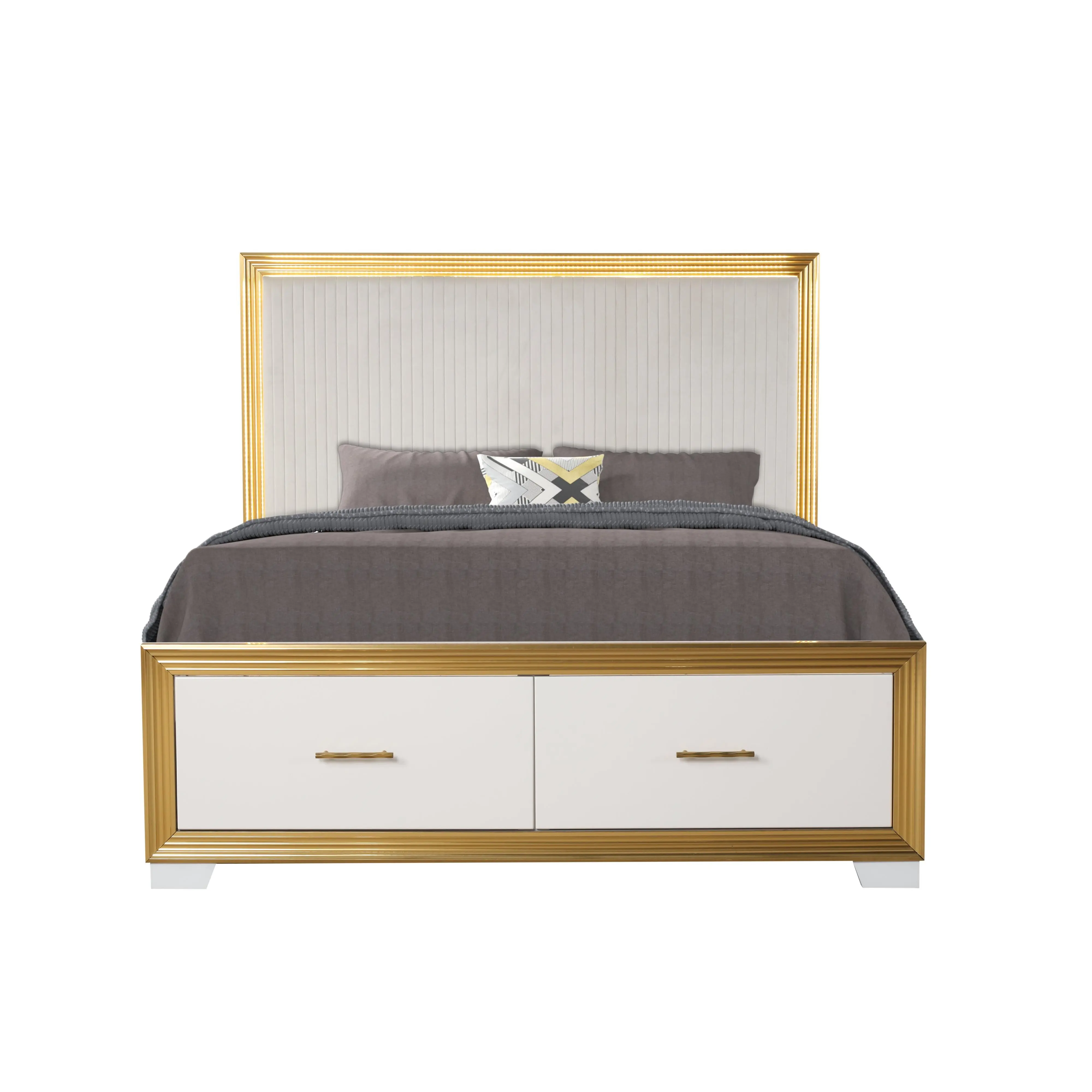 ARCH Queen Size Upholstered Tufted Bed Frame with LED Headboard and Storage Drawer, Solid Wood and MDF Construction, White and Gold Finish, Modern Contemporary Style, No Box Spring Needed, Bedroom Furniture, Queen Size Options, White Color Options