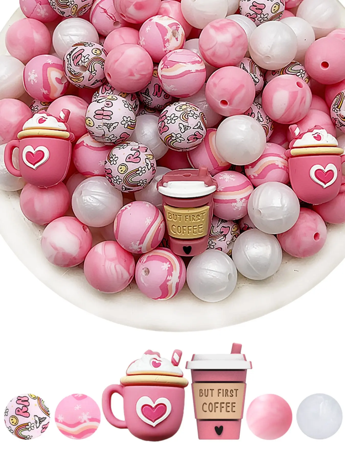 34pcs Coffee Cup Silicone Beads Set, Heart Mug Design, Ditsy Floral Pattern, Ideal for DIY Jewelry, Perfect Gift for Holidays and Birthdays