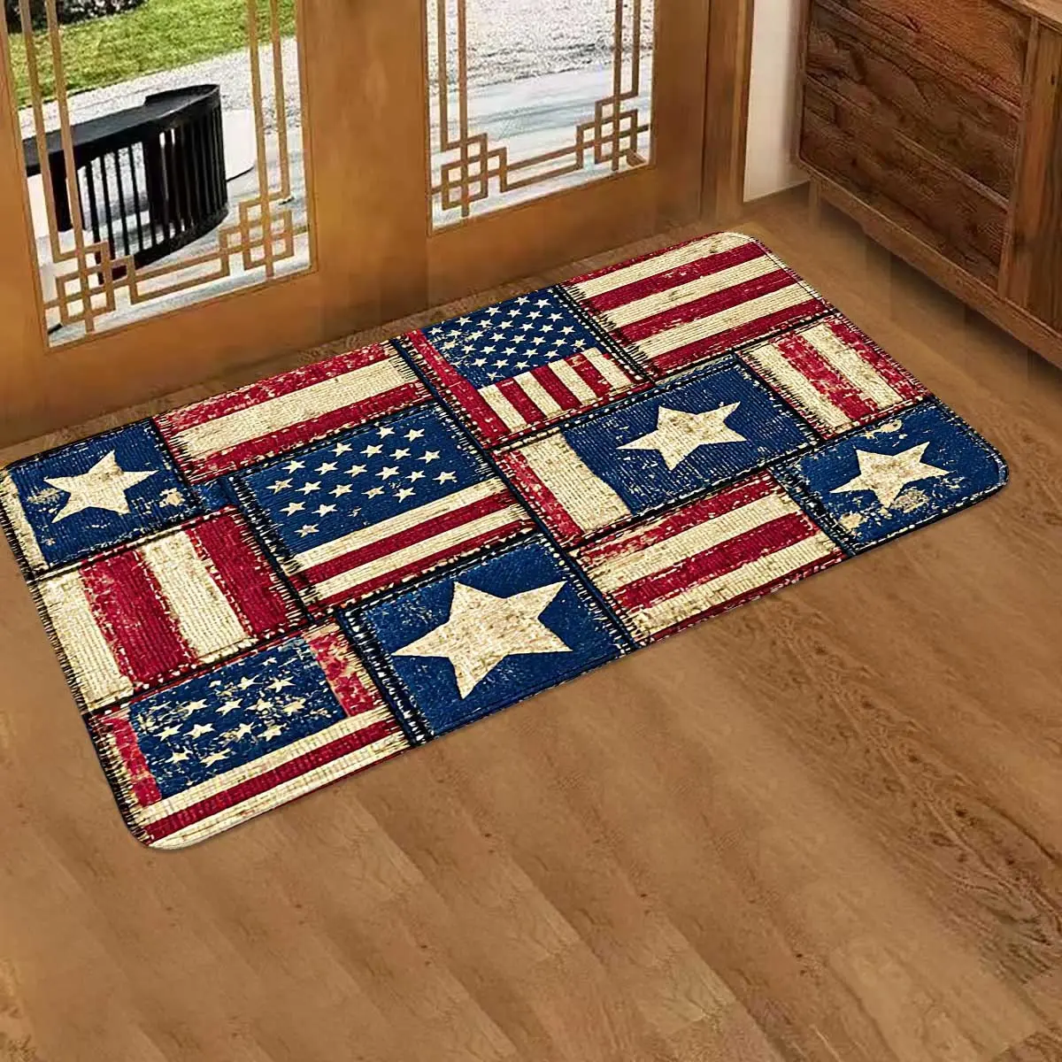 1pc USA 250th Anniversary Star Red Blue Patchwork Entry Mat, Polyester Faux Cashmere Soft Doormat for Entryway Kitchen Living Room, Non-Slip & Easy Clean, Patriotic Celebration Door Mat