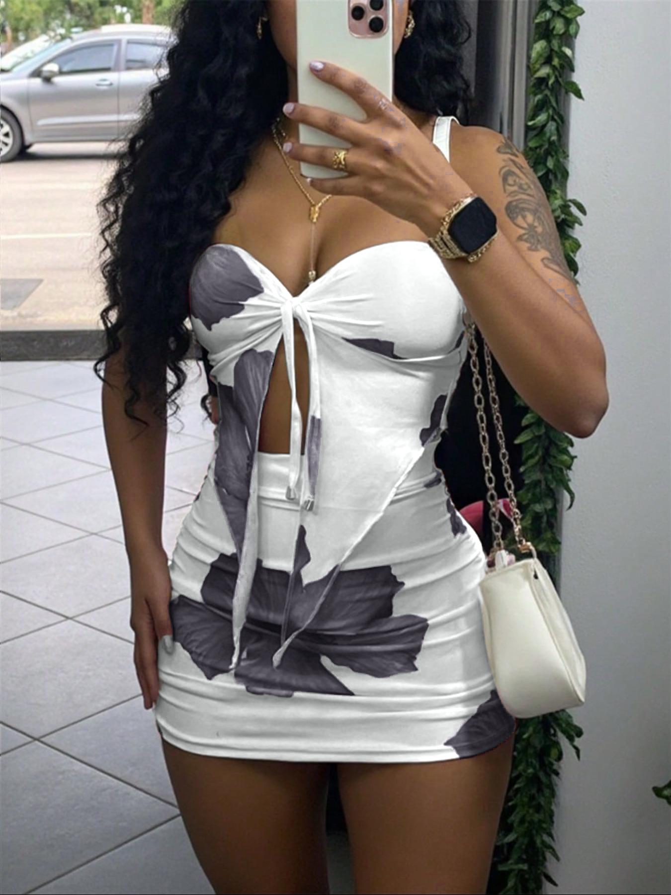 Women's Floral Print Tube Top & Bodycon Skirt Two-piece Set, Fashion Casual Strapless Crop Top & Skirt for Daily Outdoor Wear, Ladies Clothes for All Seasons