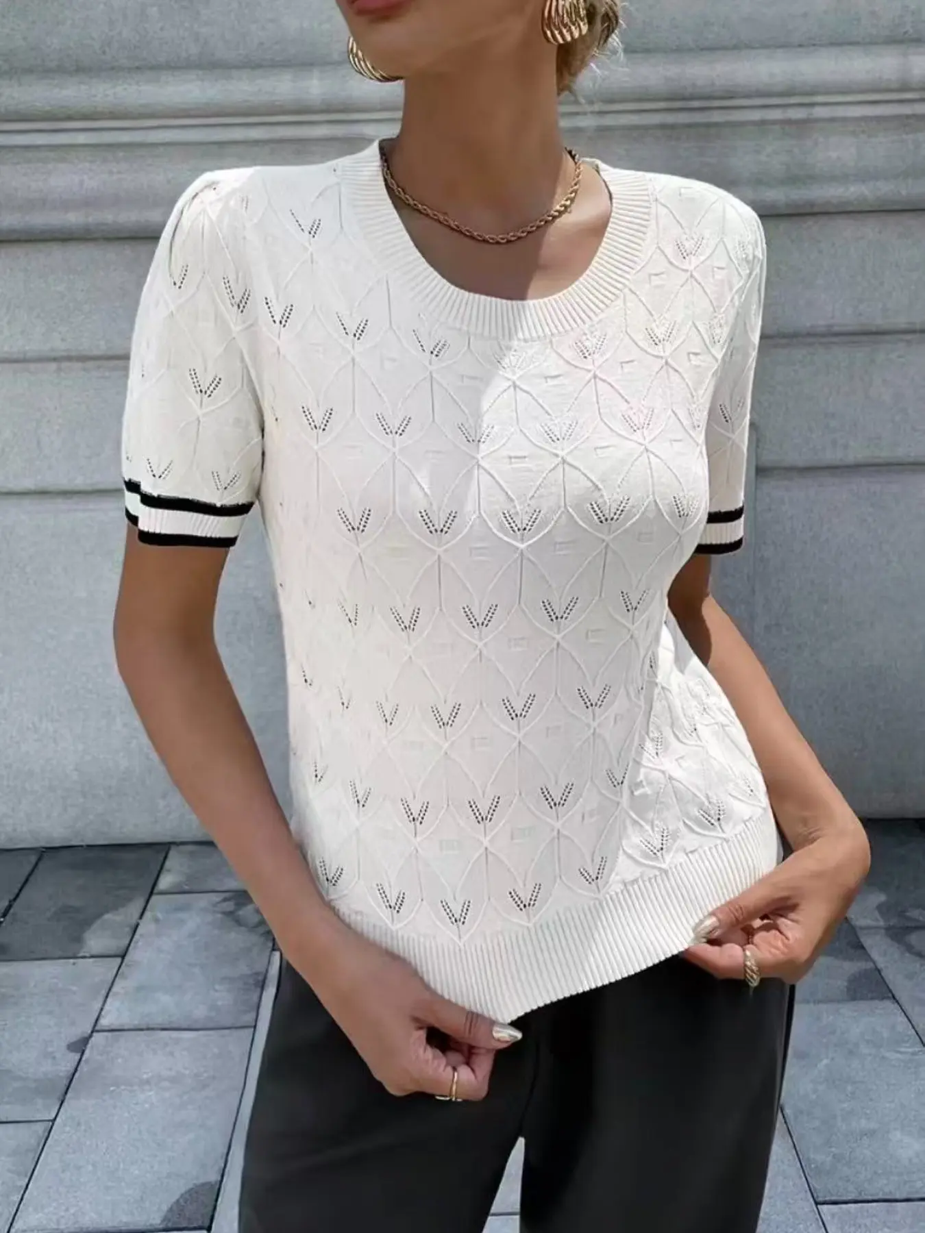 Elegant Textured Hollow Out Knit Short Sleeve Top, Round Neck Contrast Stripe Sleeves, Lightweight Breathable Women's Knitwear Shirt