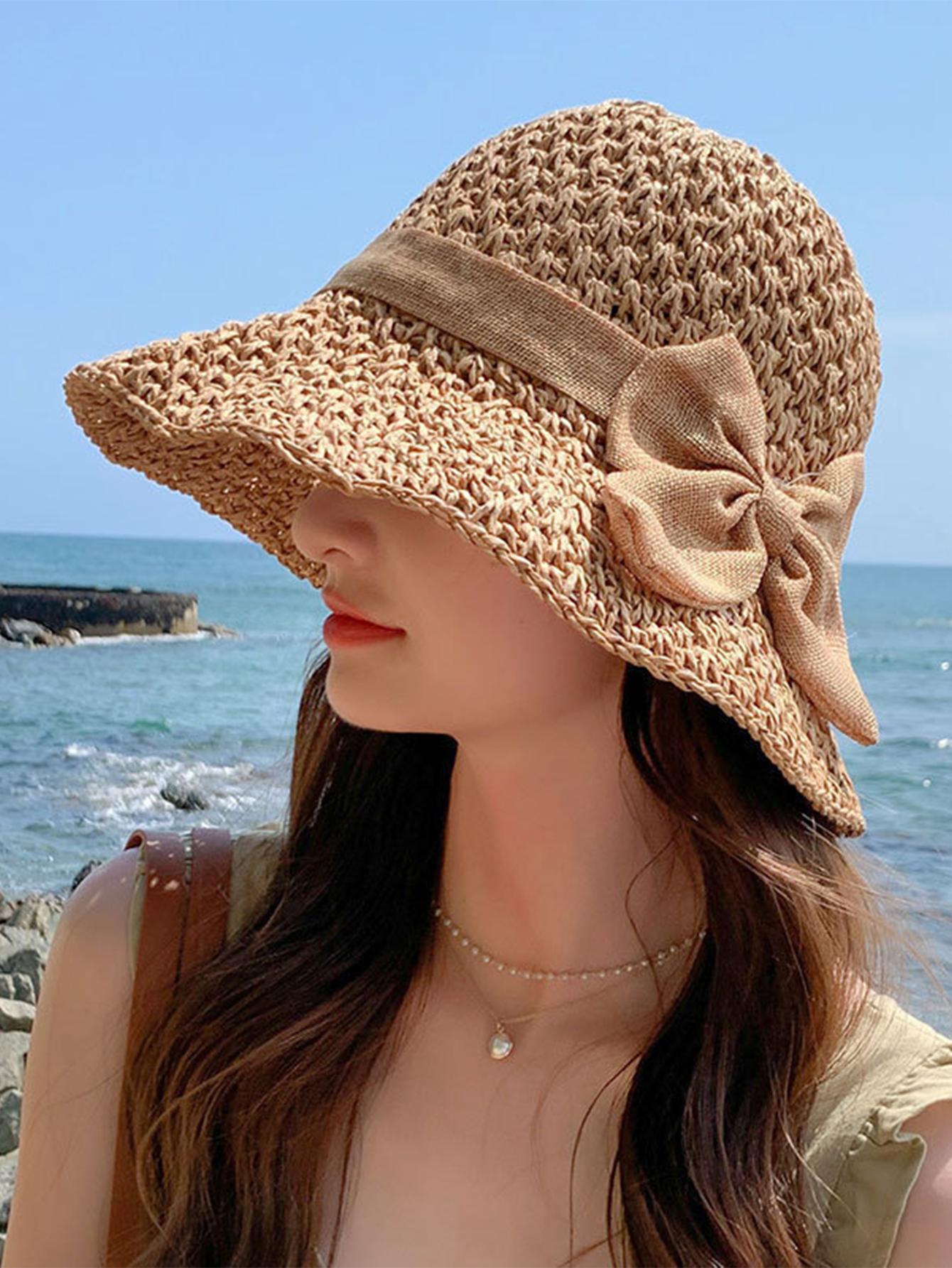 Handmade Straw Hat for Women Summer Fashion Bowknot Foldable Sunscreen Panama Lady Sweet Wide Brim UV Sunscreen Beach Cap Girl