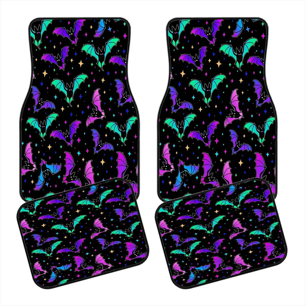 Neon Bats Car Floor Mats 4PCS Set, Colorful Halloween Bat Pattern Auto Floor Liners, Waterproof Anti-Slip Front & Rear Car Accessories, Universal Fit for Most Cars, SUVs, Trucks, and Vans, Durable Washable Vehicle Carpet Protectors with Funky Gothic Desig