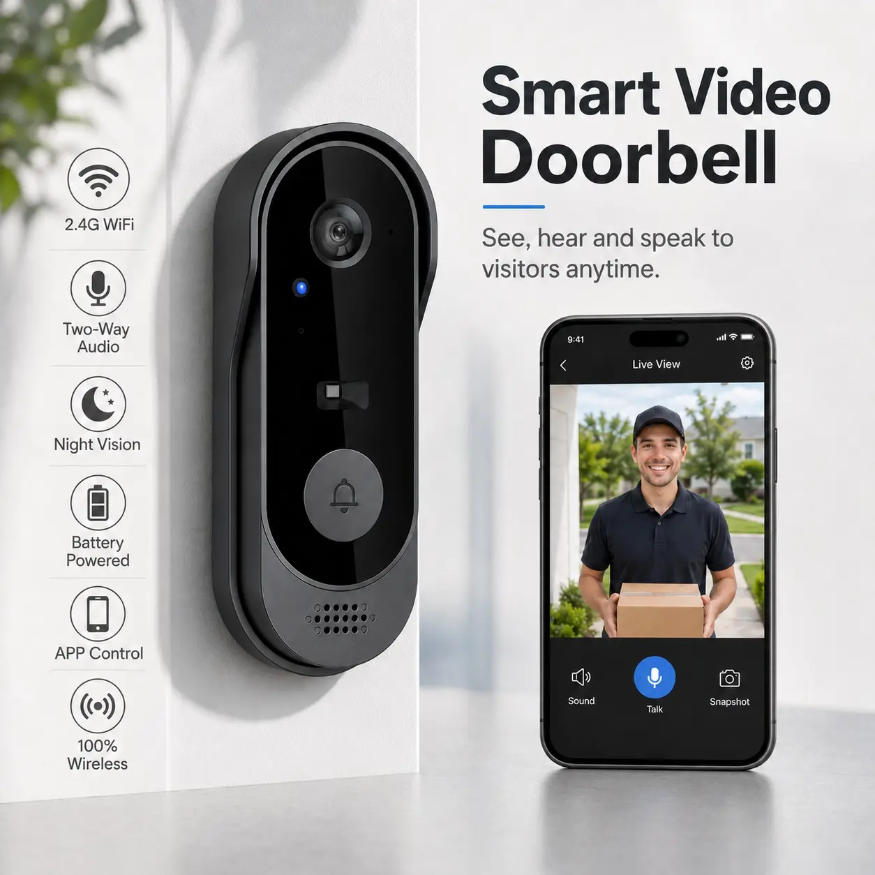 Wireless Smart Video Doorbell Camera, 2.4g WiFi, Night Vision, Two-Way Talk, Motion Alerts, Cloud & SD Storage, Phone APP Control