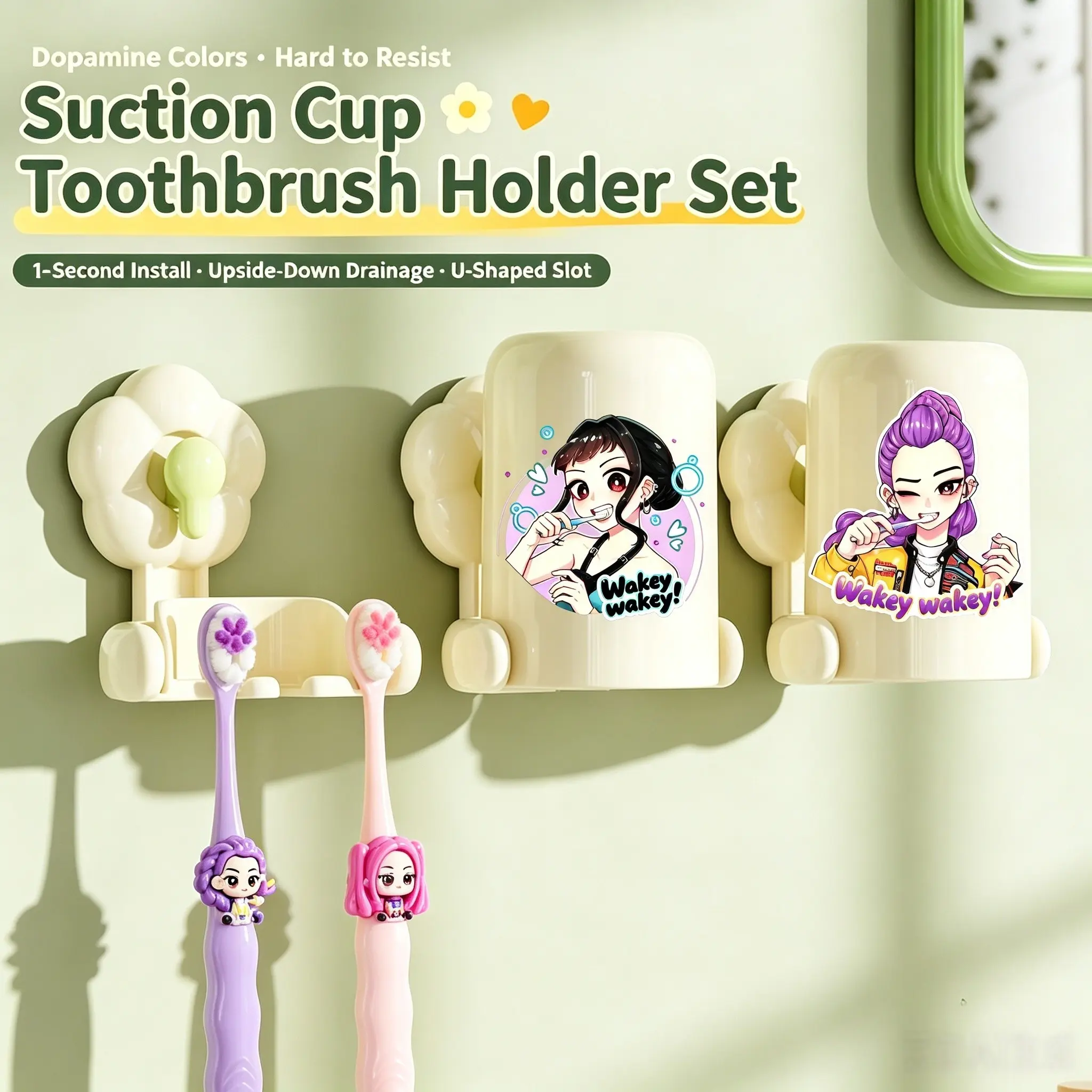 1set Wall-mounted toothbrush holder with suction cup adhesive, equipped with bathroom mouthwash cup and soft-bristled toothbrush, detachable wall-mounted toothbrush holder, cartoon bathroom water cup, suitable for orderly bathroom space,