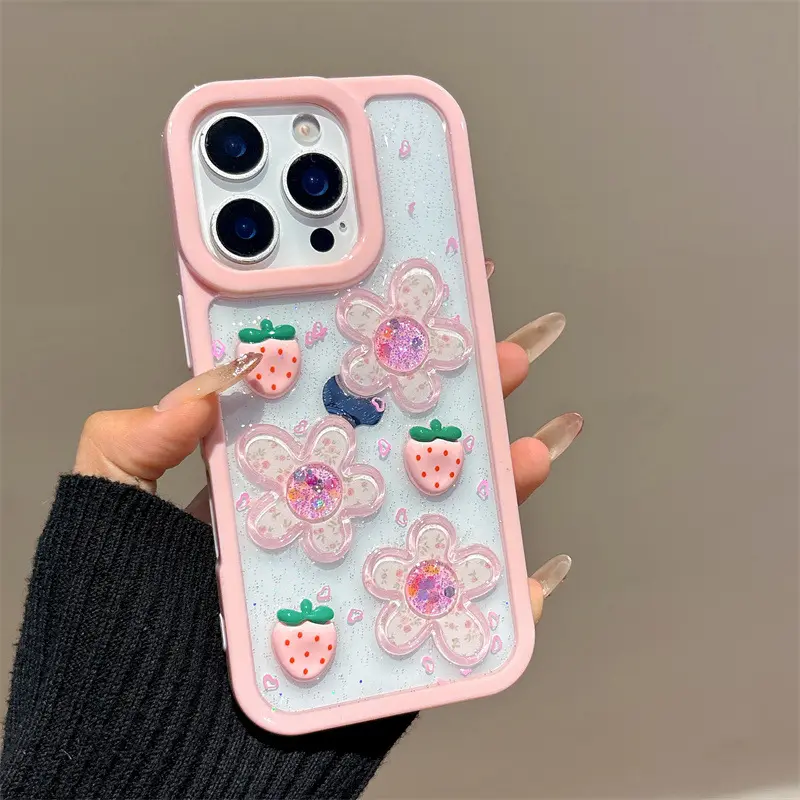 3D Strawberry Flower Phone Case For iPhone 17 16 15 14 13 Pro Max Plus, Transparent Shockproof Protective Cover