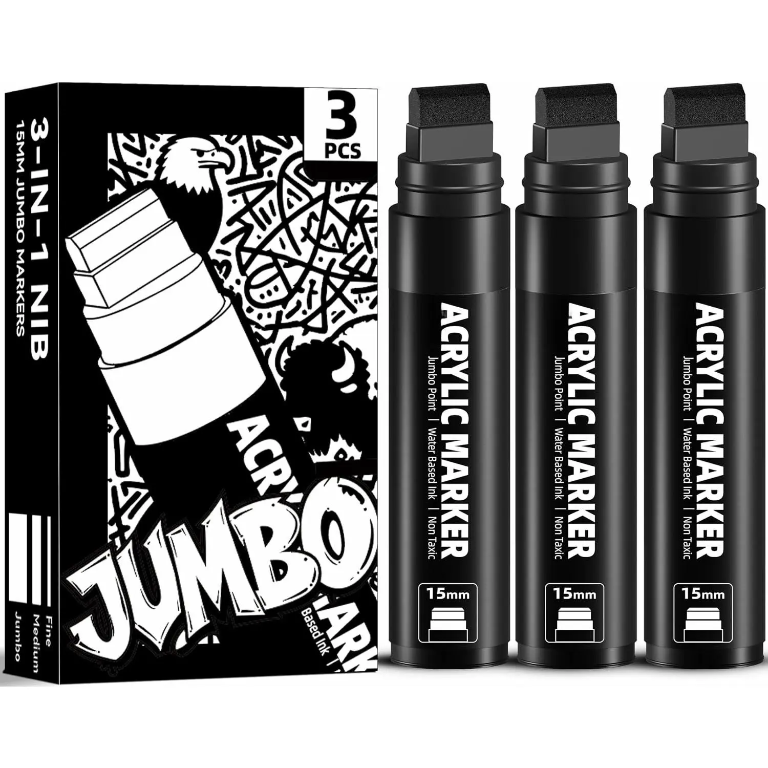 3  Permanent Markers Black, 15mm Large Wide Tip, Thick   Markers for Painting, Rock, Window, Glass, , Fabric
