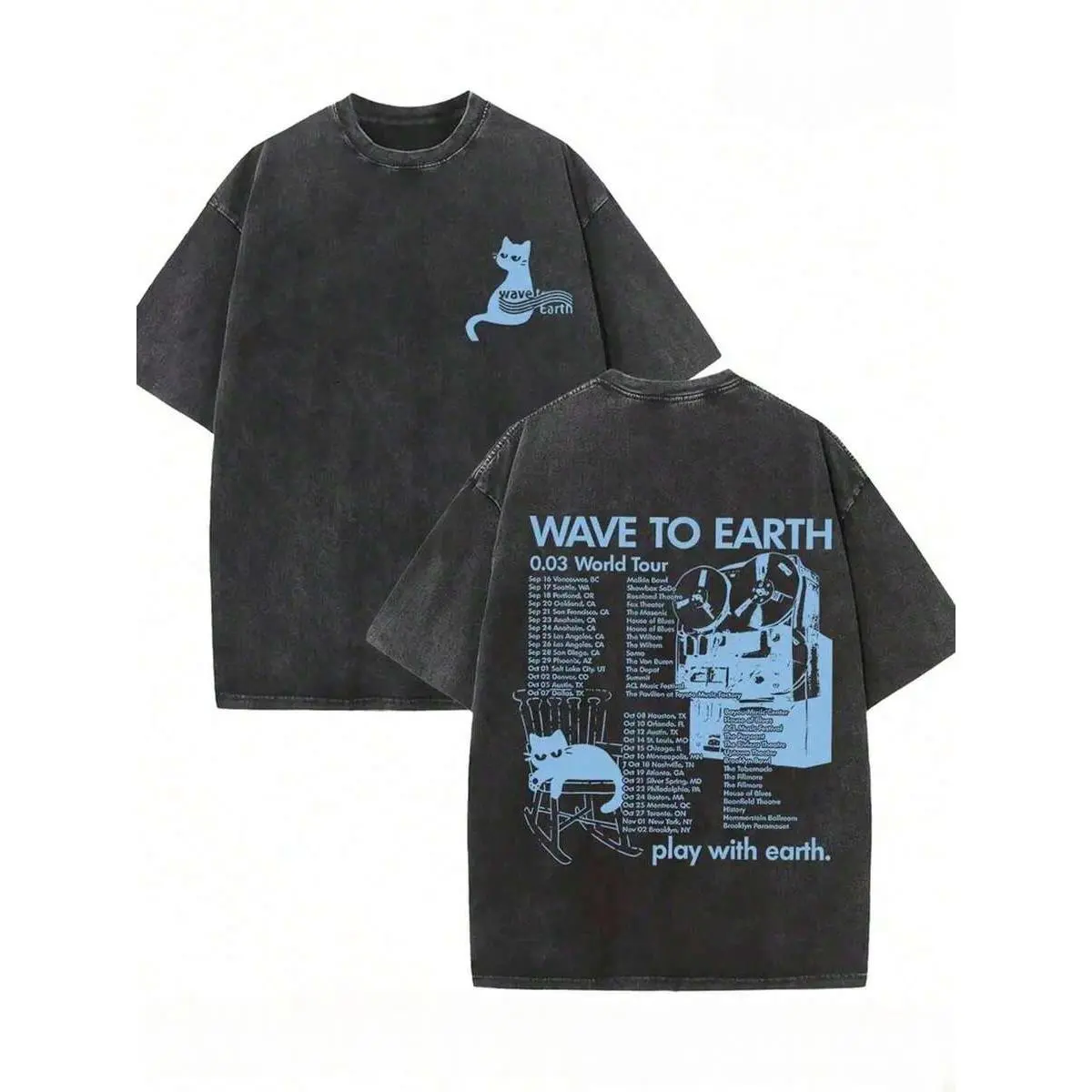 Vintage Washed Distressed Unisex T-shirt Men Women Casual Outdoor Short Sleeve Crew Neck Tee Wave To Earth 0.03 World Tour Cute Blue Cat Graphic Simple Fashion Loose Streetwear Band Fans Summer Top