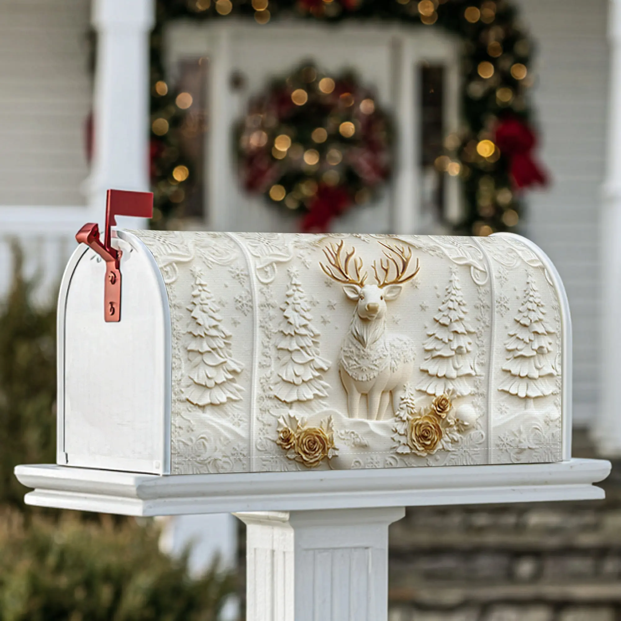 deer Magnetic Mailbox Covers, Christmas rustic pine trees snowflakes Christmas cream Mailbox Decorations for Front Porch Decor