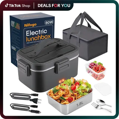 Nifogo Electric Lunch Box Food Heater 80W 12V/24V/110V Self Heating Lunchbox with Insulated Bag 1.5/1.8L for Work Car Truck Portable & Versatile