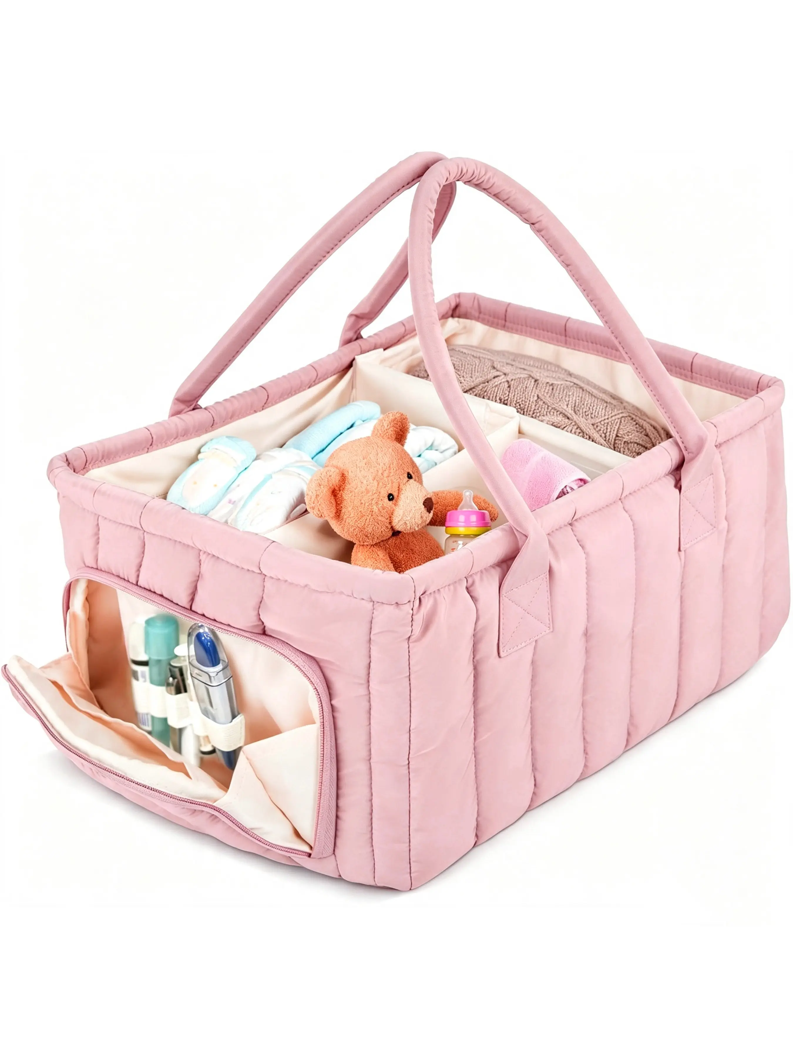 Large Diaper Caddy Organizer with Handle Neutral Boy Girl – Baby Basket for Nursery, Car, Changing Table – Portable Baby Storage with Compartments – Perfect for New Parents and Baby Shower Gifts
