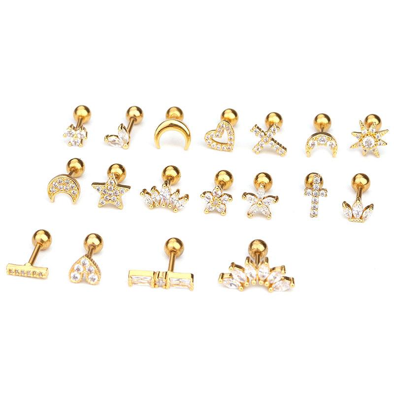 16G Gold CZ Internally Threaded Labret Set, 316L Stainless Steel Cartilage Stud Pack, Hypoallergenic Internally Threaded Nose Studs for Women Men