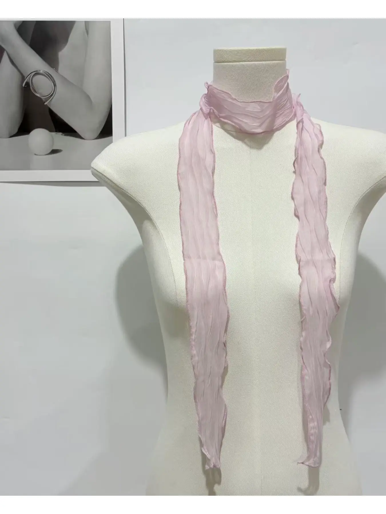 Simple solid color pleated fine silk scarf with multiple uses for women, wearing atmosphere decoration hair accessories scarf