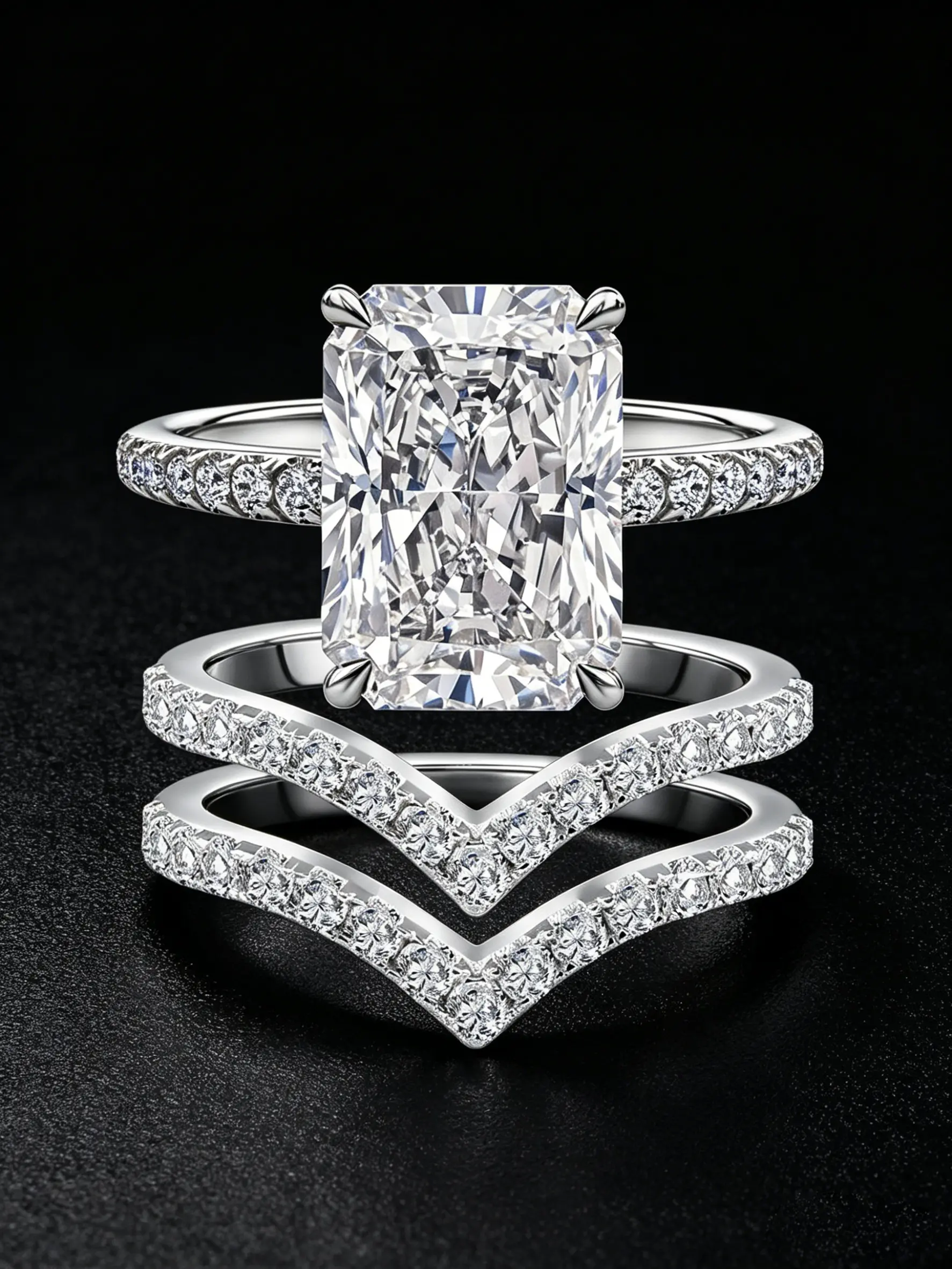 3PCS Iced Cut Simulated Diamond Bridal Ring Set 18K Gold Plated / Silver Tone , Radiant Cut Solitaire & V-Shaped Stackable Bands, Hypoallergenic Tarnish Resistant Wedding Engagement Jewelry Engagement Rings Set Wedding Ring Sets For Women