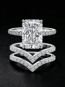 3PCS Iced Cut Simulated Diamond Bridal Ring Set 18K Gold Plated / Silver Tone , Radiant Cut Solitaire & V-Shaped Stackable Bands, Hypoallergenic Tarnish Resistant Wedding Engagement Jewelry For Women