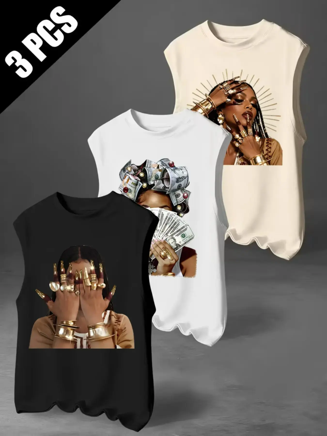 Men's Three-Piece Casual Sleeveless Tank Top Set, Graphic Print, Summer Vacation Party Wear, Comfortable Inner or Outer Shirt#UnisexFashion #UnisexTankTop #ThreePack #GraphicTop #SleevelessShirt#PortraitPrint #MoneyPrint #Streetwear #Y2KStyle