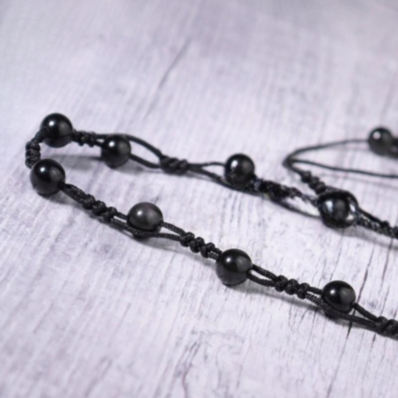 [Minimalist Obsidian Anklet] Black Obsidian Anklet - Minimalist Beaded Natural Stone Woven Ankle Bracelet
