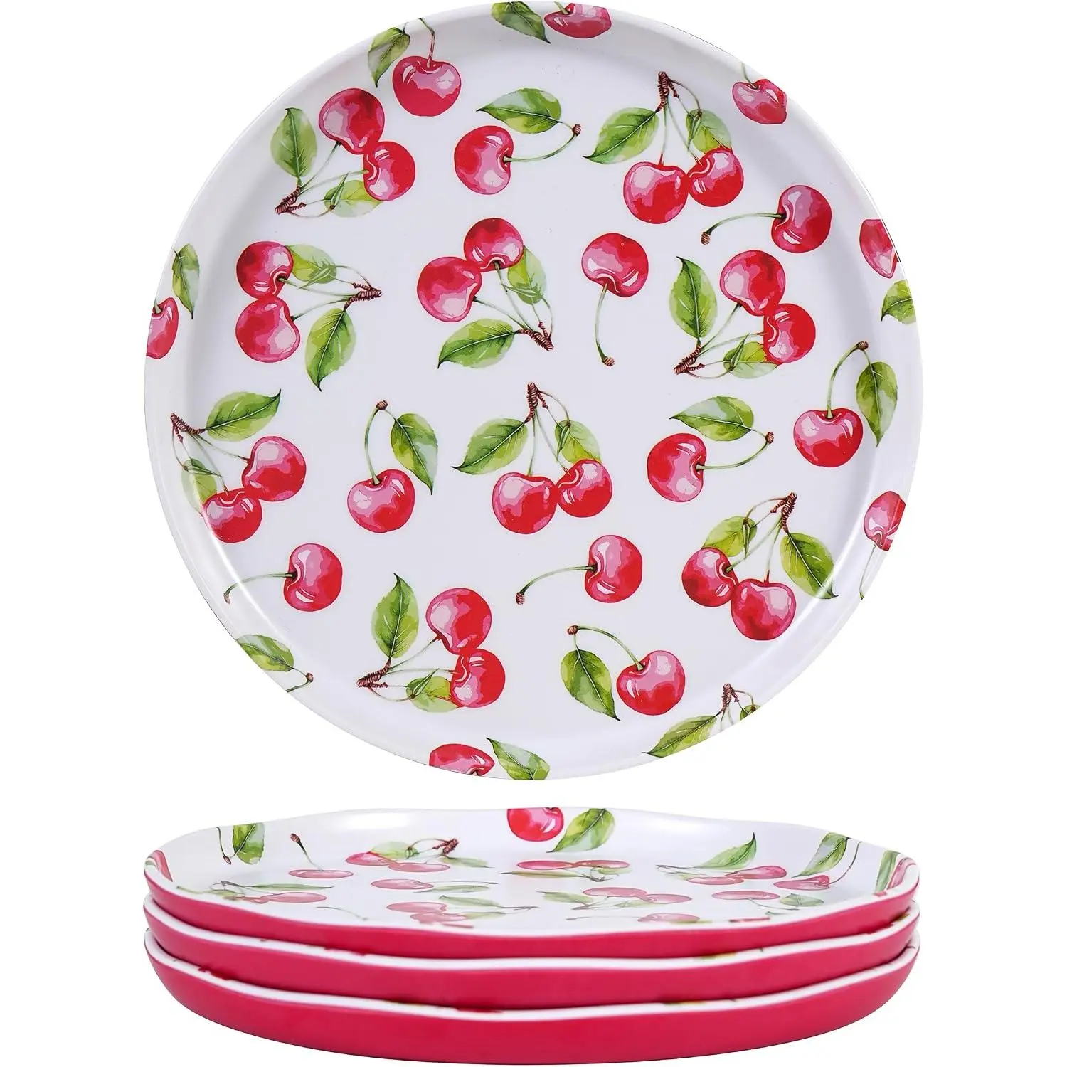 4 count Cherry Melamine Plates, 8 Inch Red Round Cute Fruit Salad Dinner Plates, Dishwasher Safe Decorative Plates Set for Summer Picnic Outdoor Party Kitchen Tableware