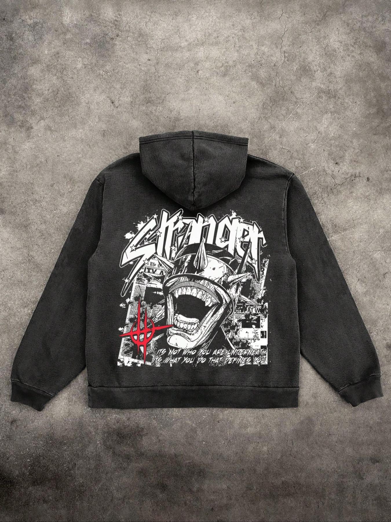 Men's Street Style Graphic Print Washed Distressed Drawstring Hoodie, Casual Comfy Long Sleeve Kangaroo Pocket Design Hooded Sweatshirt for Daily Wear