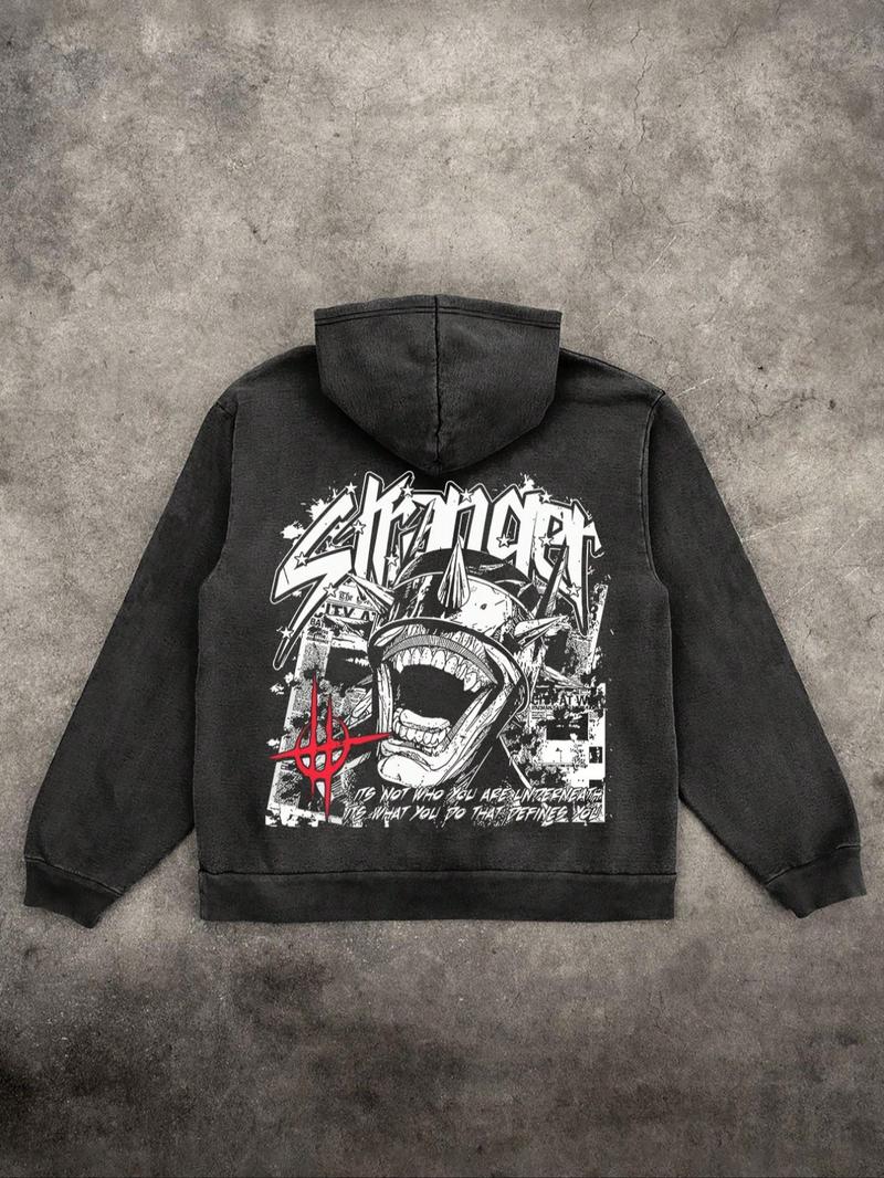 Men's Street Style Graphic Print Washed Distressed Drawstring Hoodie, Casual Comfy Long Sleeve Kangaroo Pocket Design Hooded Sweatshirt for Daily Wear