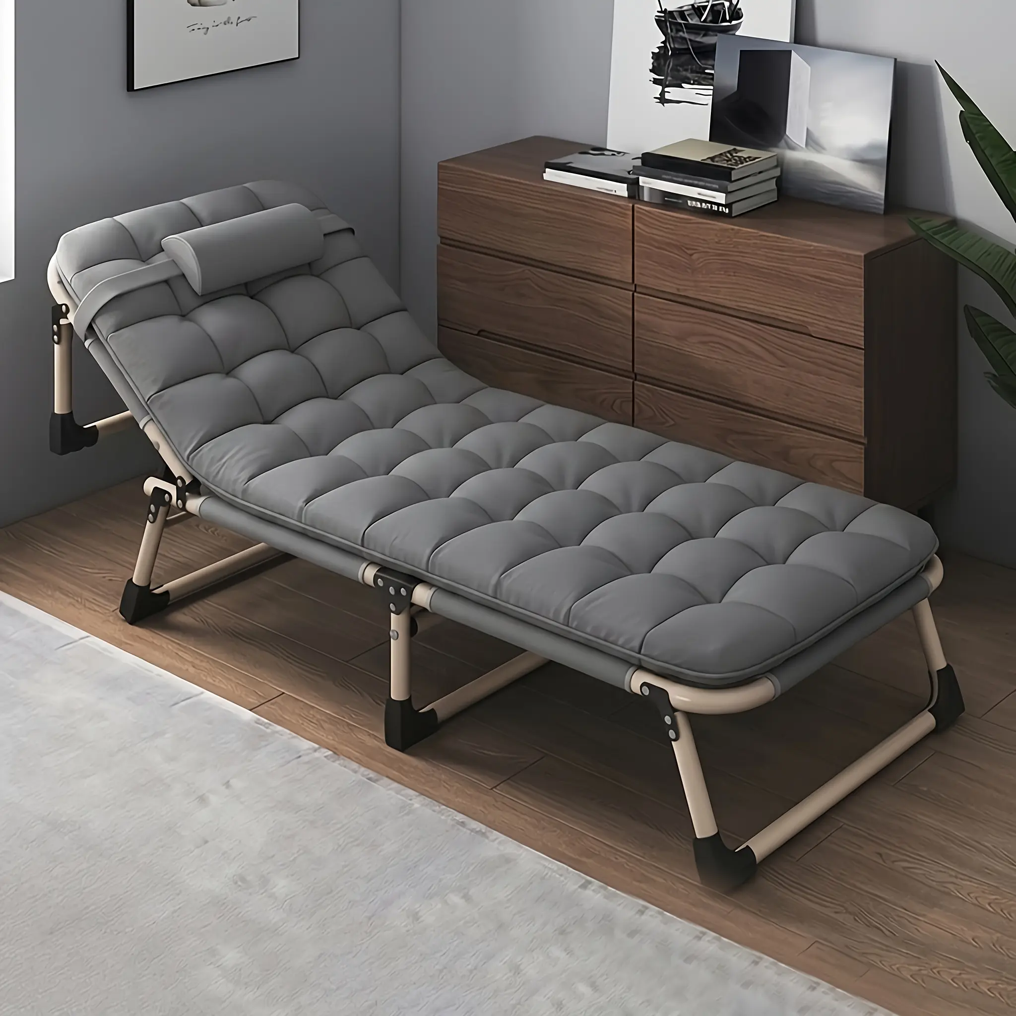 Foldable Bed Frame with Mattress - Stainless Frame Suitable for Bedroom & Guest Room, Adjustable Open-Panel Headboard, Foldable for Small Spaces, No Assembly Required, Retro Modern Bed for, Indoor Folding Guest Bed