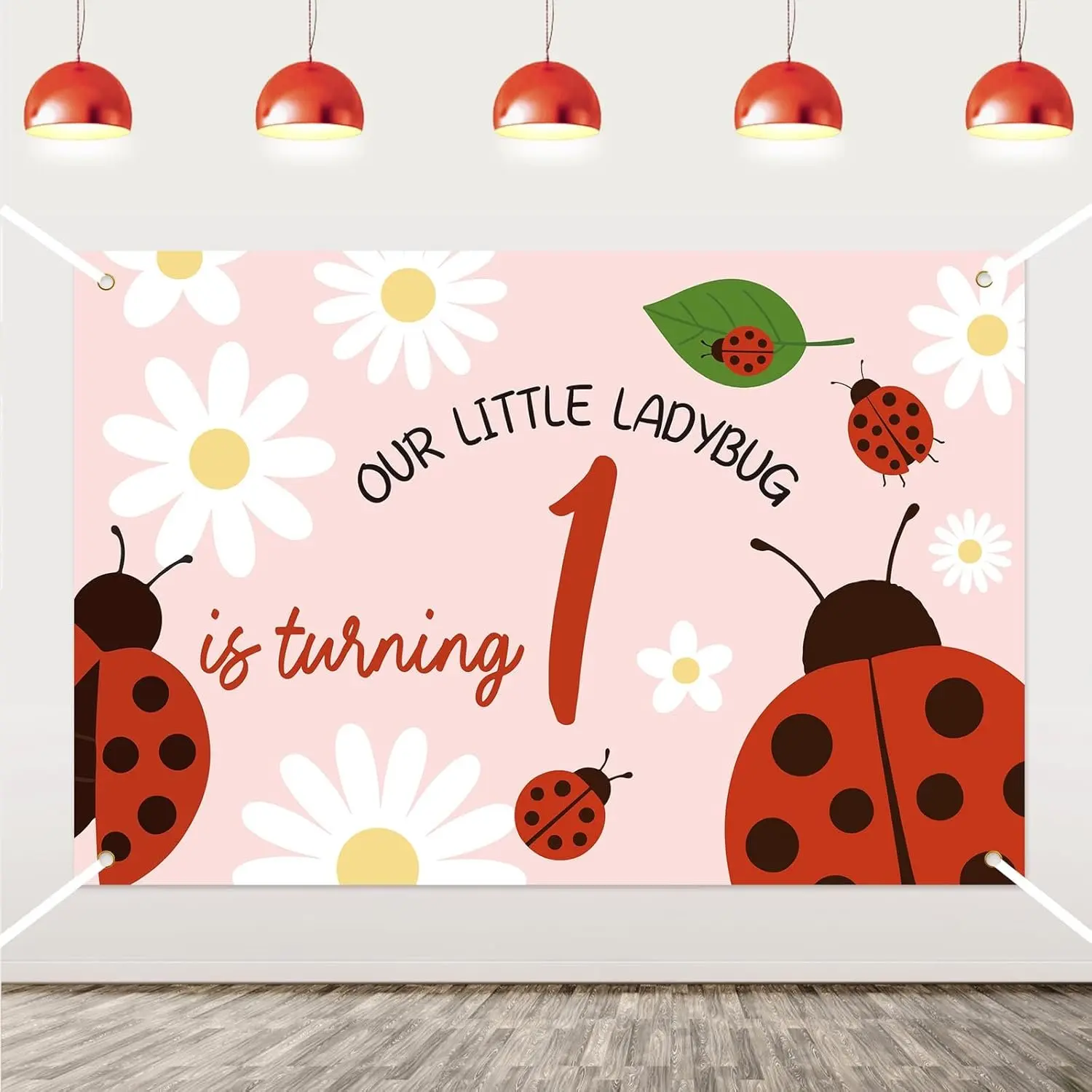 1Set Little Ladybug First Birthday Backdrop Pink Our Little Ladybug Is Turning One Photography Background Daisy Ladybug Banner for Girl Insect Theme 1anniversary Birthday Decor Party Supplies Photo Booth Prop 53ft