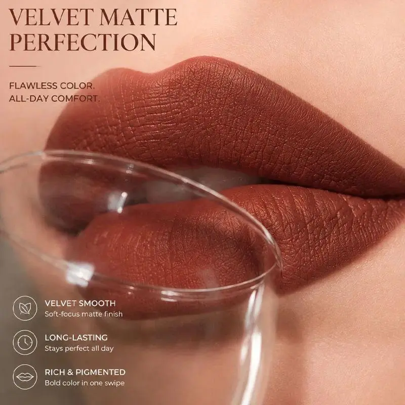 JUJU DREAM Velvet Matte Lipstick features silky velvety texture enriched. Boasts rich, highly pigmented deep cocoa brown shade, delivering stunning matte finish. Long-wearing, ideal for grunge, chic everyday and autumn makeup looks.