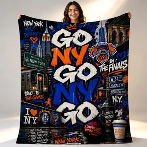 Go NY Go NY Go Basketball Inspired Blanket for Kids & Adults, Blue Orange Plush Throw Blanket, Ultra Soft Flannel Fleece Blanket, Lightweight Air Conditioner Blanket for Couch Sofa Bed, Sports Fan Home Decor, Game Room Bedroom Dorm Decor, All Season Cozy