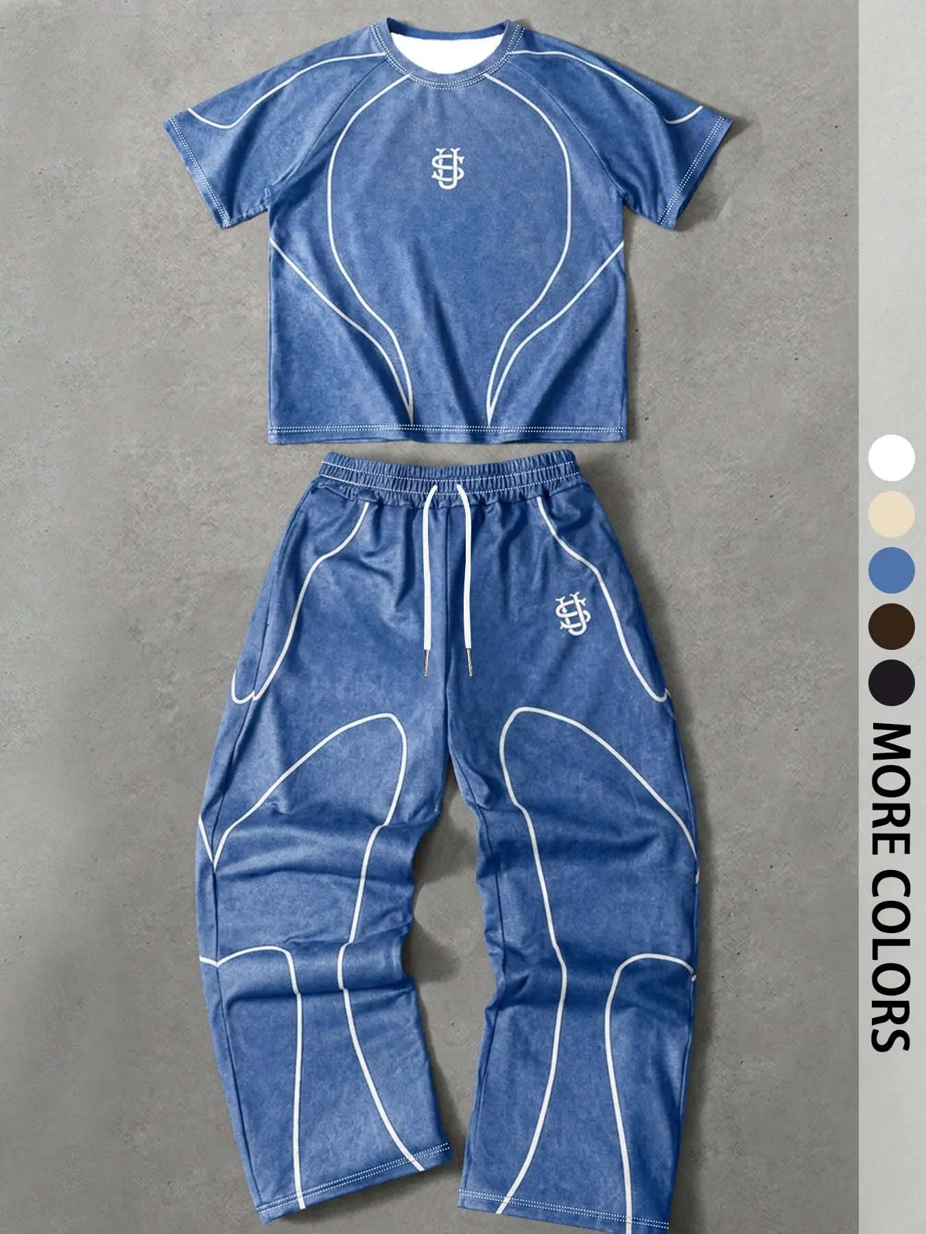 Men's black Activewear two-piece set, curved white contrast line printed short-sleeve Cropped T-shirt & wide-leg pants, soft and comfortable fabric, suitable for gym workouts, outdoor jogging, and summer festival outfits, available in multiple colors!