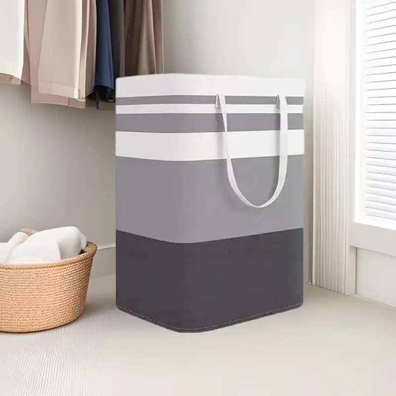 Striped Cotton Canvas Foldable Clothes Basket - Waterproof, Large-Capacity Space-Saving Home Organizer for Toys, Clothes Baskets