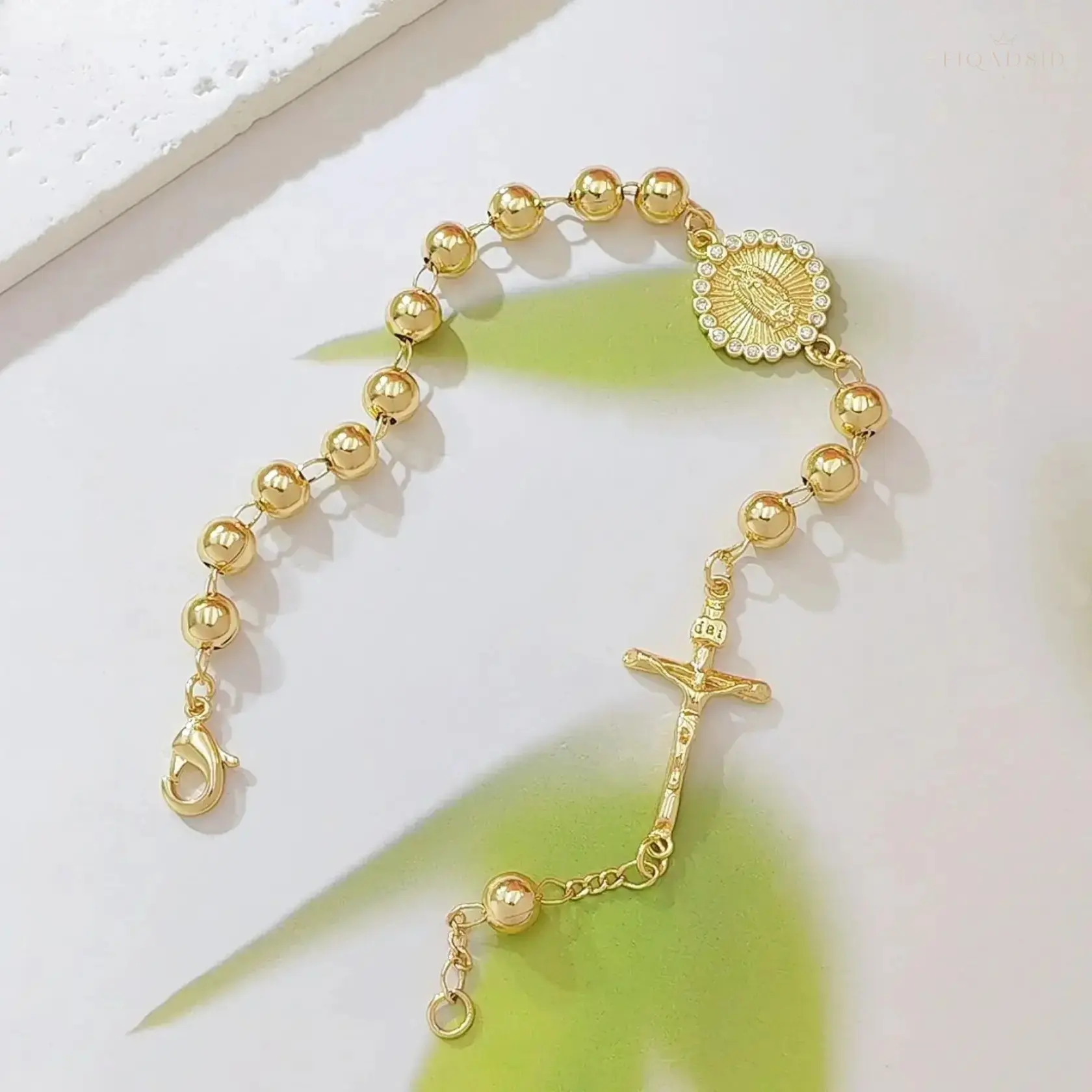 18K Gold Plated Rosary Bracelet For Women, Catholic Jewelry With Virgin Mary Medallion And Crucifix Charm, Smooth Beaded Chain, Adjustable Religious Accessory For Daily Wear And Gifting