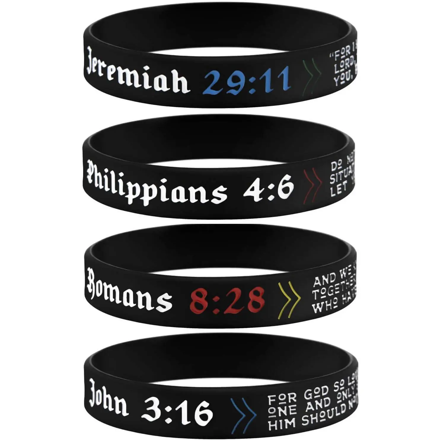 4-Pack Power of Faith Christian  Verse  Bracelets - Jeremiah 29:11, John 3:16, Philippians 4:6, & Romans 8:28 - Religious Scriptures Wristbands Church Gifts, Adult for Men Women