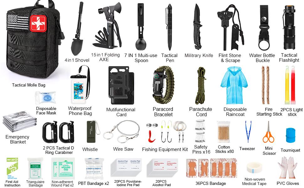 Kits,222 PCS Emergency Gear First Aid Kits with Molle System Compatible Bag Outdoor Camping Gear Emergency Kits for Hunting,Hiking,Fishing, Gifts for Men Women