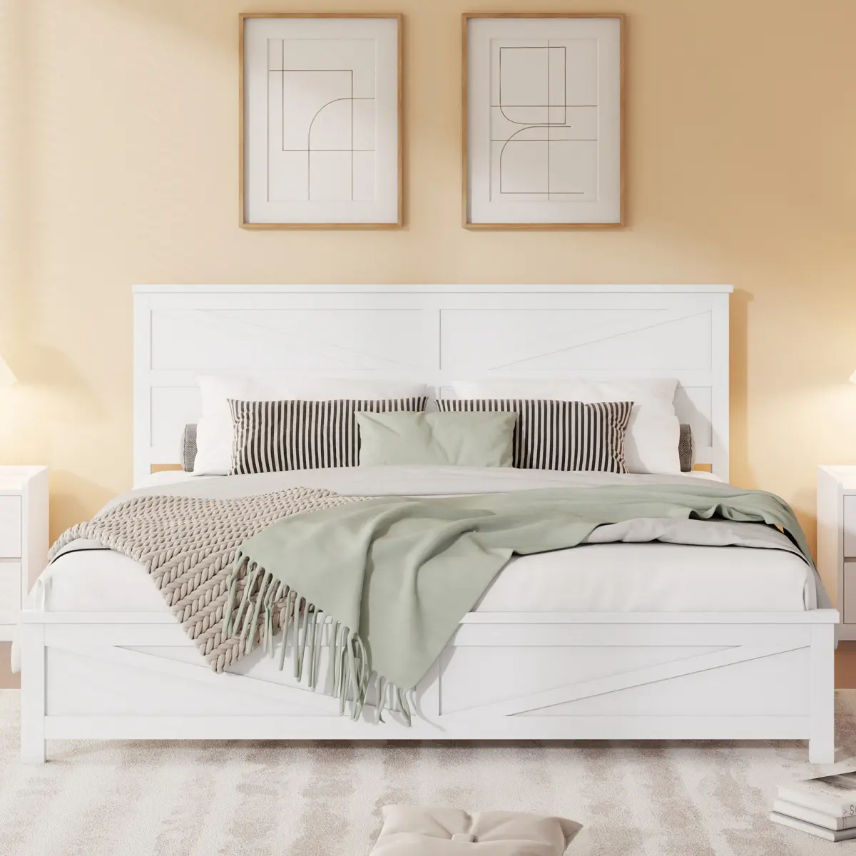 Wood Bed Frame King Size, Rustic Farmhouse King Platform Bed with Headboard, Barn Door Design, Wooden Slat Support Bed Frame, No Box Spring Needed, White