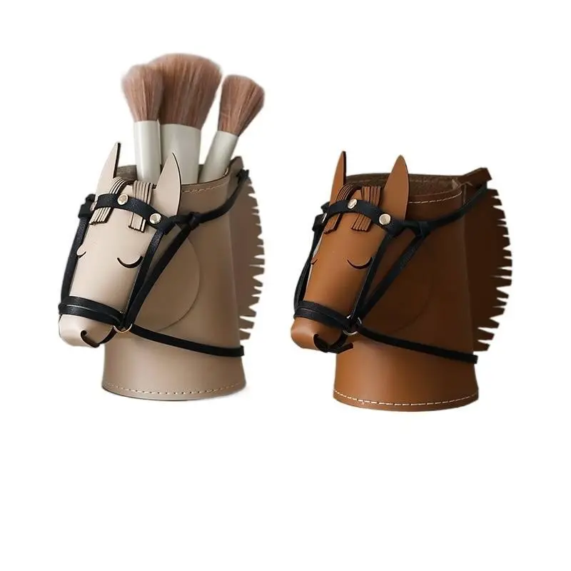 Light Luxury Leather Horse Head Storage Box, Home Organizer with Remote Holders for Pens & Makeup Brushes, Large-Capacity for Living Room Study Desk Decor & Makeup Storage