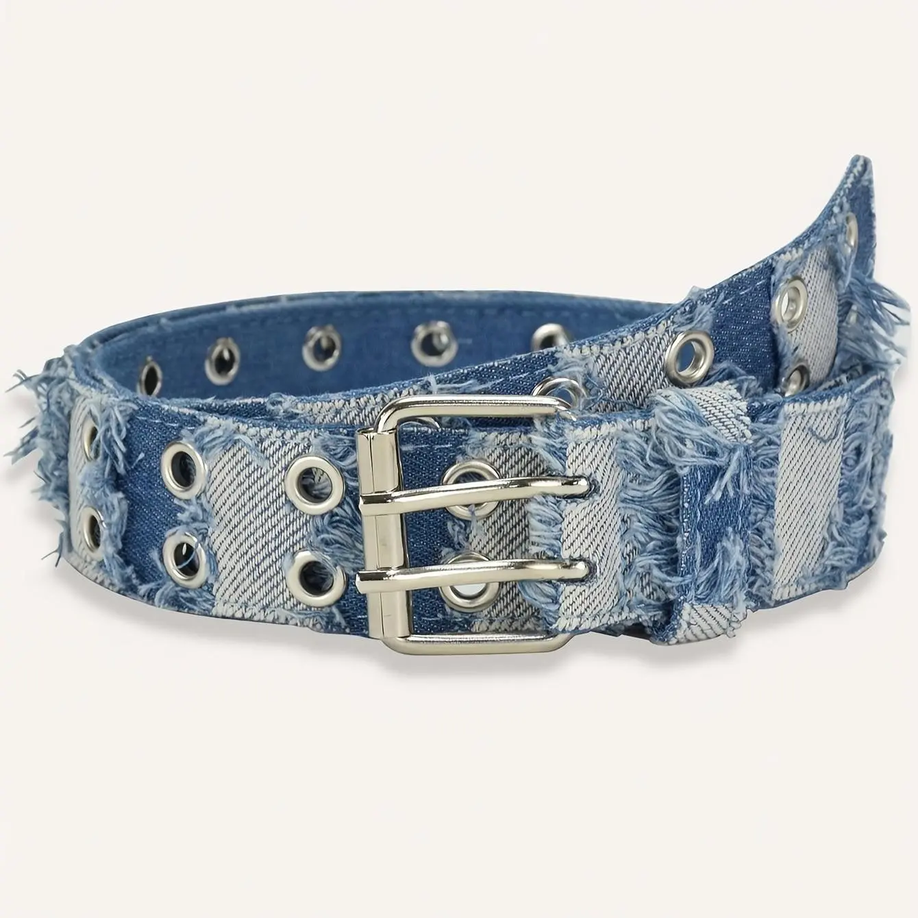 Metallic Vintage Frayed Denim Belt, Dual Needle Metal Buckle Full Metal Eyelet Belt, Y2K Punk Distressed Denim Belt, Streetwear Accessory