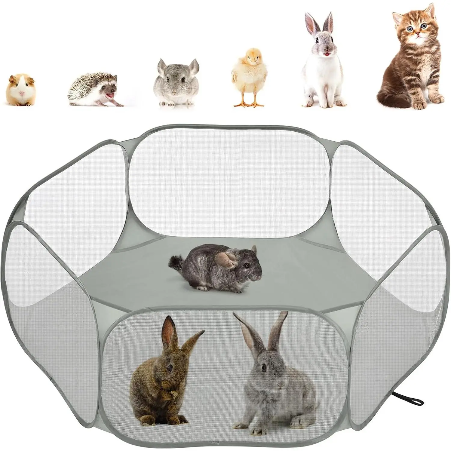 Small  Playpen,  Small  Cage Tent with  Steel Wire Frame, Portable Outdoor Yard Fence for Chick/Kitten/Puppy/Guinea Pig/Rabbits/Hamster/Chinchillas, Gray