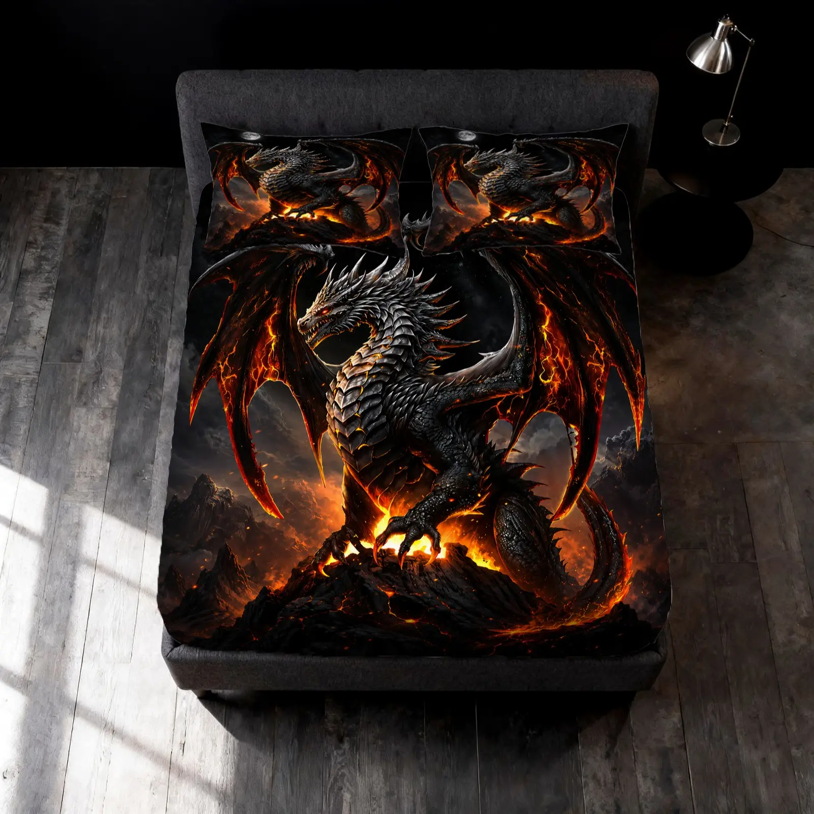 3Pcs Fire Dragon Fitted Sheet Set, Dark Volcano Lava Medieval Gothic Microfiber Teen Boys Bedding, 1 Fitted Sheet + 2 Pillowcases Without Inserts, Cool Bedroom Dorm Bedding, Perfect Holiday Gift
