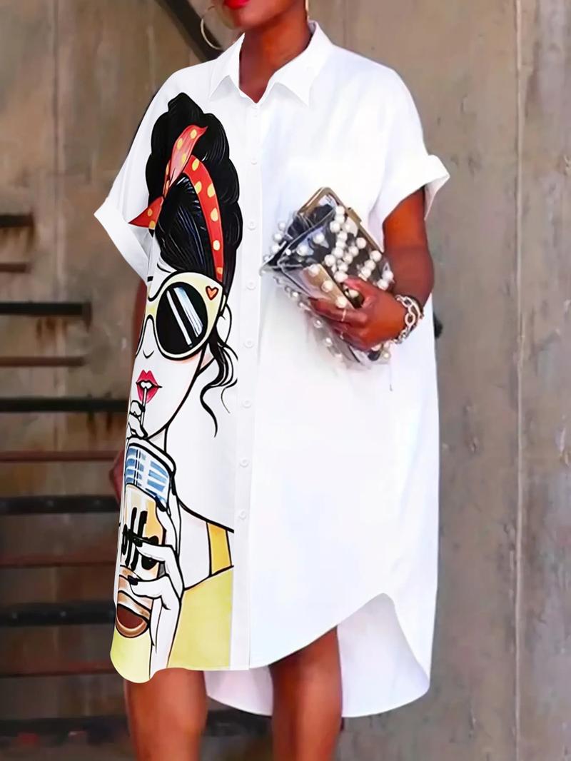 Women's Cartoon Face Print Curved Hem Shirt Dress, Casual Batwing Sleeve Knee Length Dress for Summer, Ladies Clothes for Holiday Vacation