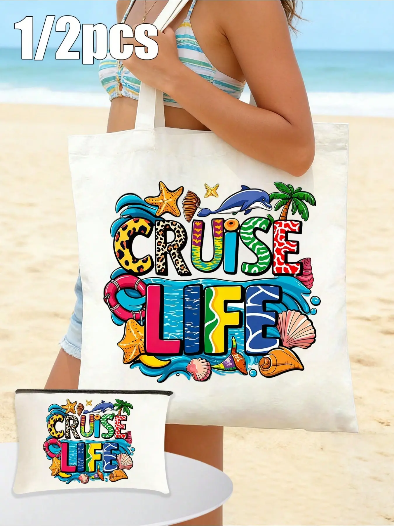 Canvas Bag Set with Small Makeup Pouch, Cruise Life Print, Beach Scene, Dolphin, Shell Patterns, Multifunctional Travel Essential