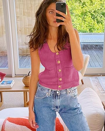 Imily Bela Womens Sweater Vest Summer Ribbed Tank Tops Sleeveless Button Down Shirts Scoop Neck Top for Women