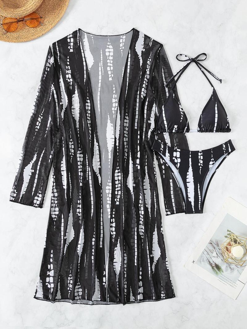 Women's Tie Dye Print Bikini Set, Chic Halter Neck Padded Triangle Swim Bra & Swim Knicker & Long Sleeve Open Front Cover Up Set, Ladies Summer Swimsuit for Beach Holiday Vacation